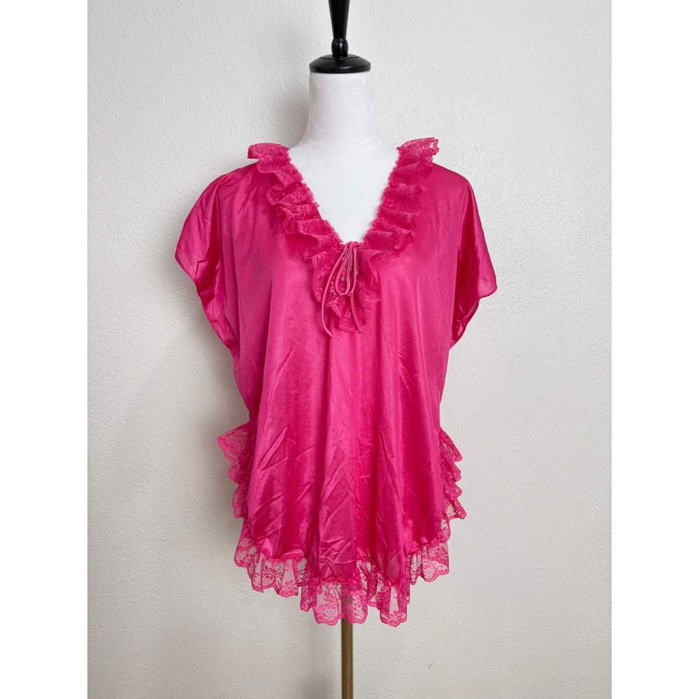 90s Vintage Hot Pink Ruffle Lace‎ Trim Pajama Gown Mini Slip Dress Size Medium